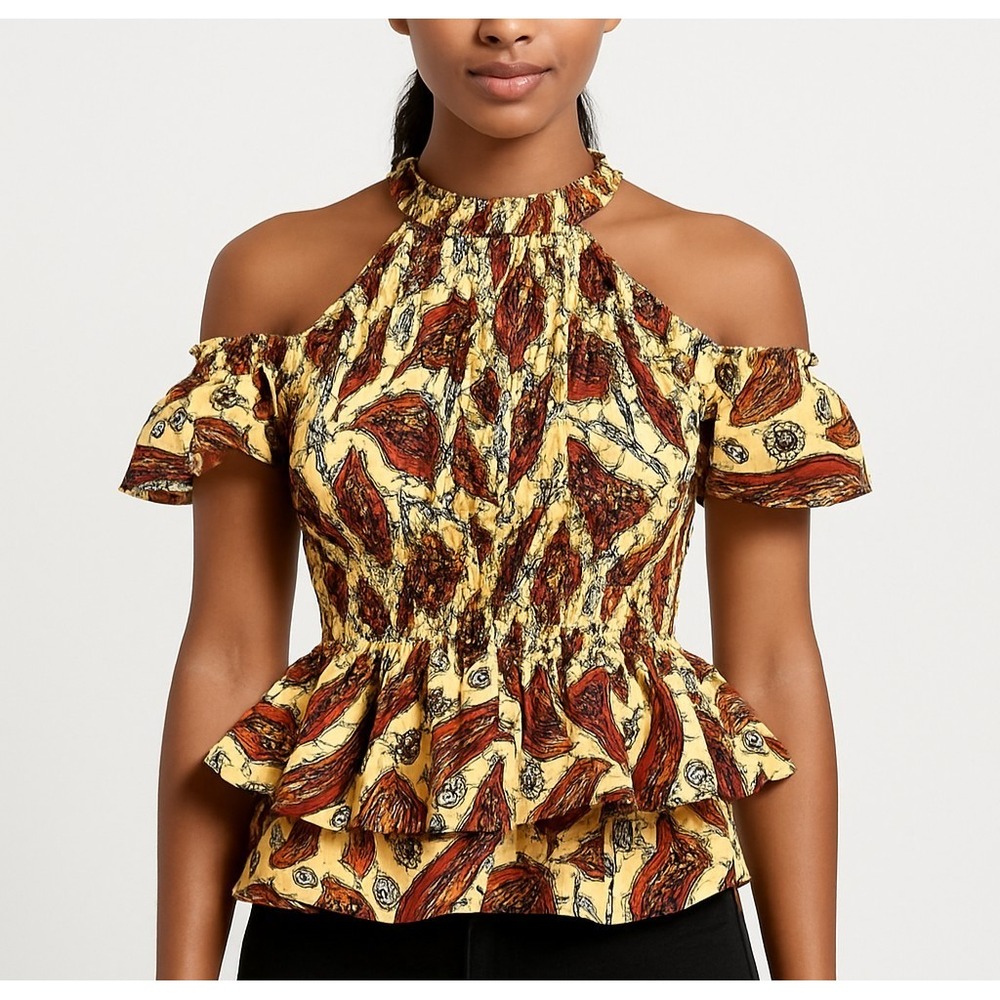 HANDMADE Size Small Anakara African Print Cold Shoulder Smocked Peplum‎ Blouse